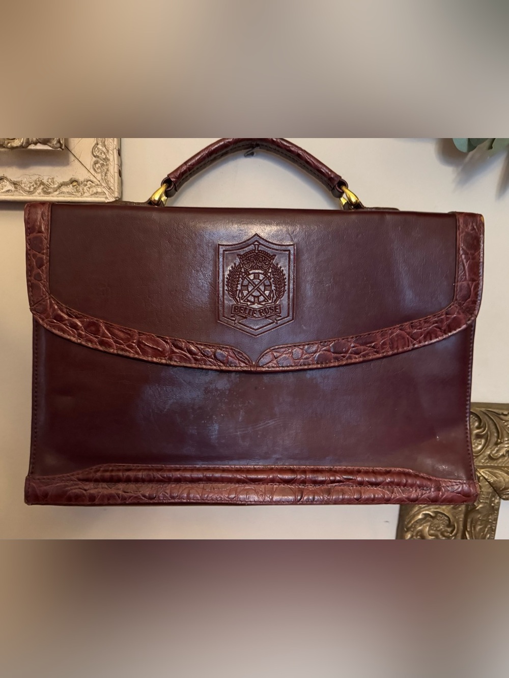 Vintage Belle Rose Burgundy Leather Briefcase Satchel Bag Croc Embossed Trim 80s